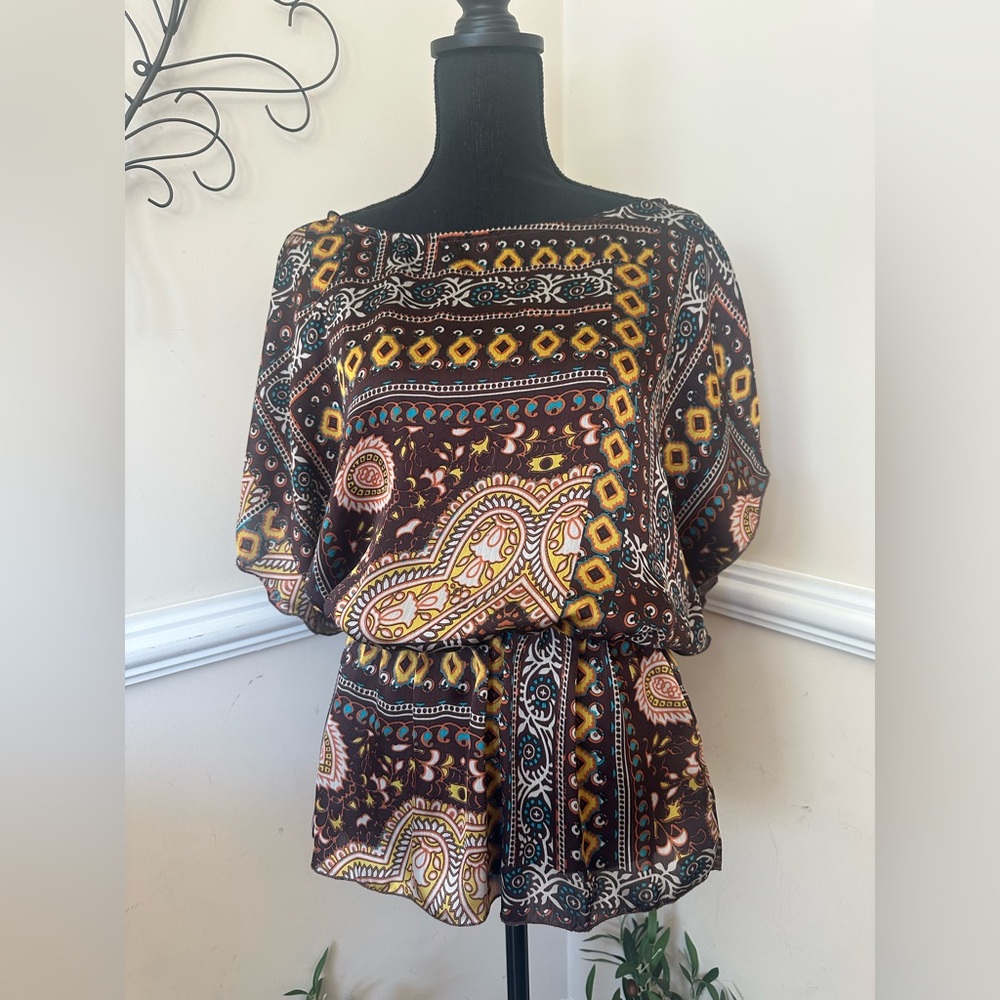 Miami Women’s Satin Feel Brown, Multi-color Tribal Print Tunic Top Size M/L